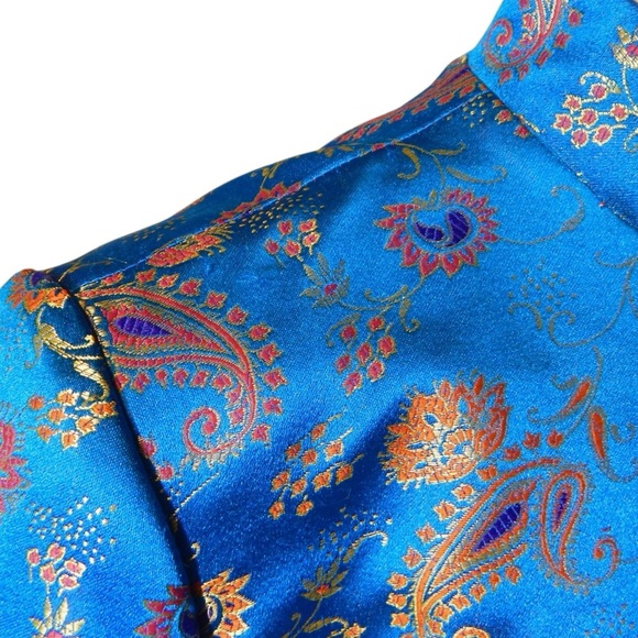 David Warren Vintage 90s Cheongsam Asian Dress Size 8 M Blue Gold Red Floral - Picture 8 of 11